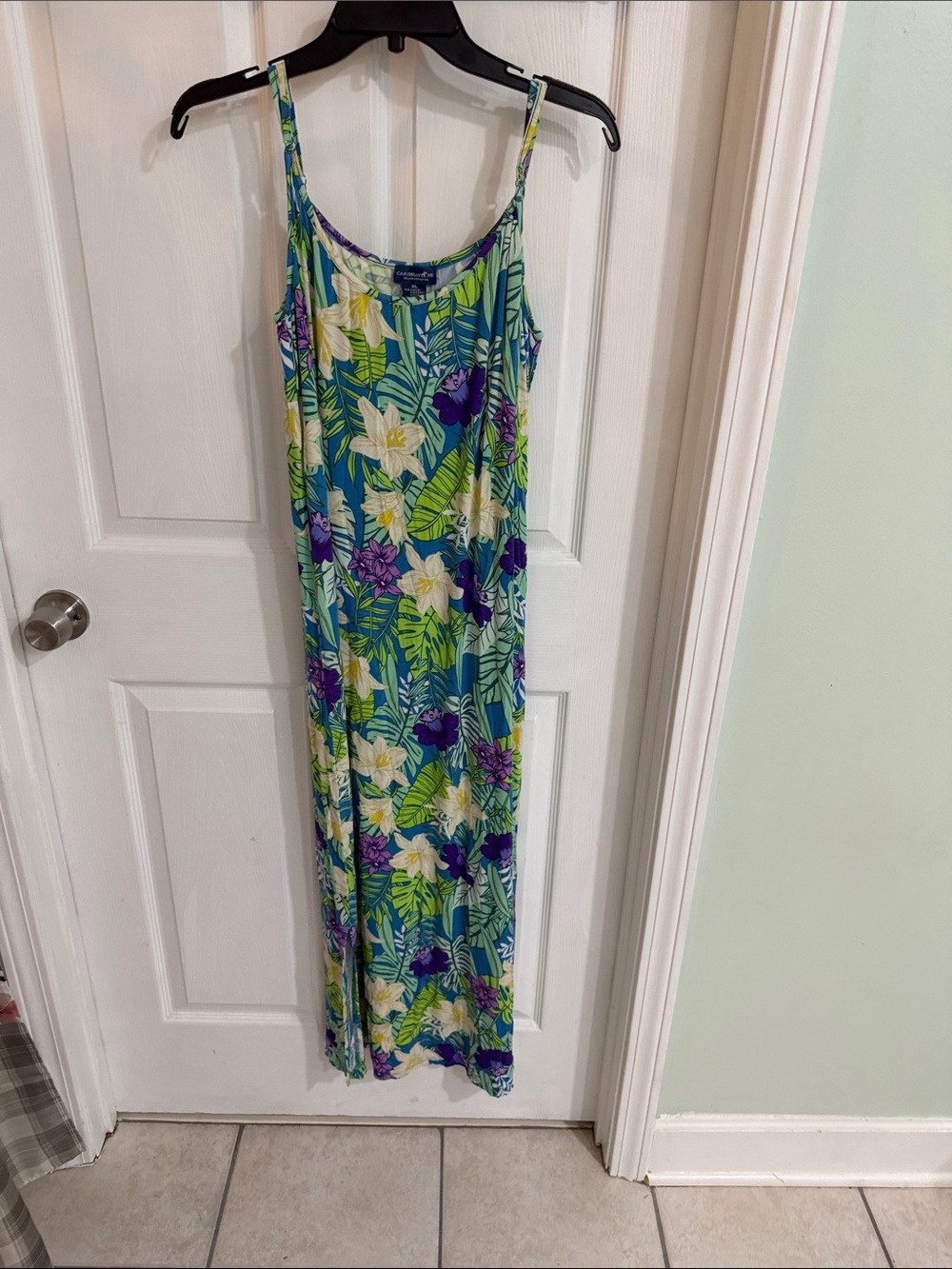 Caribbean Joe Tropical Floral Maxi Dress in Teal, Green, White, Purple
